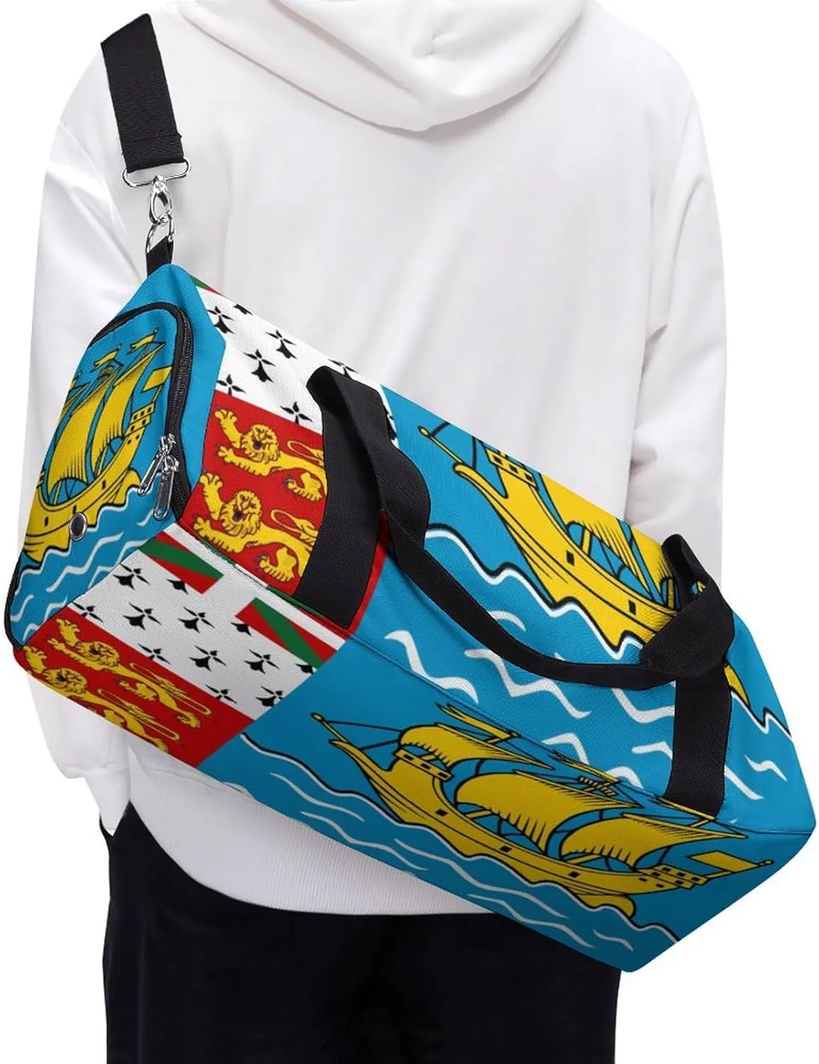 Saint Pierre Miquelon Flag Sports Duffle Bag for Boys Girls with Shoe Compartment Overnight