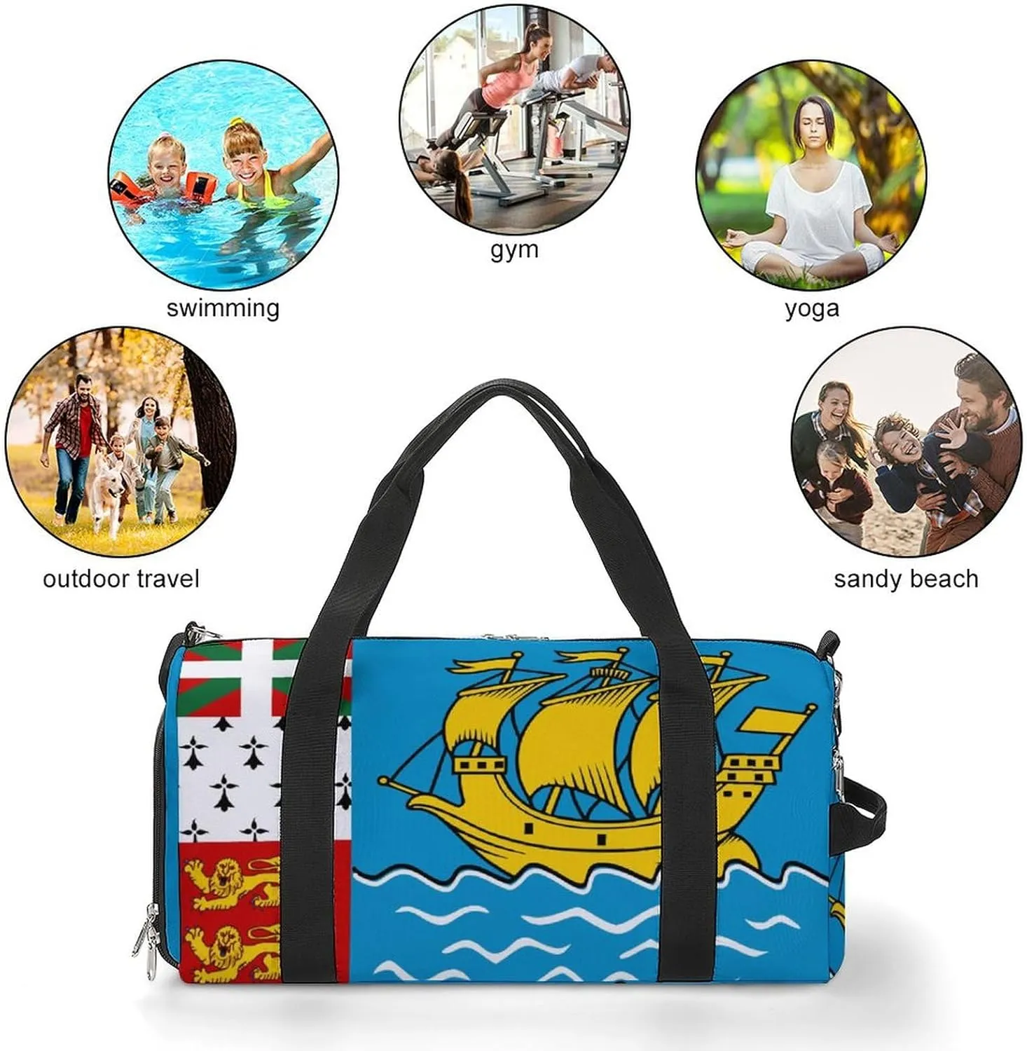 Saint Pierre Miquelon Flag Sports Duffle Bag for Boys Girls with Shoe Compartment Overnight