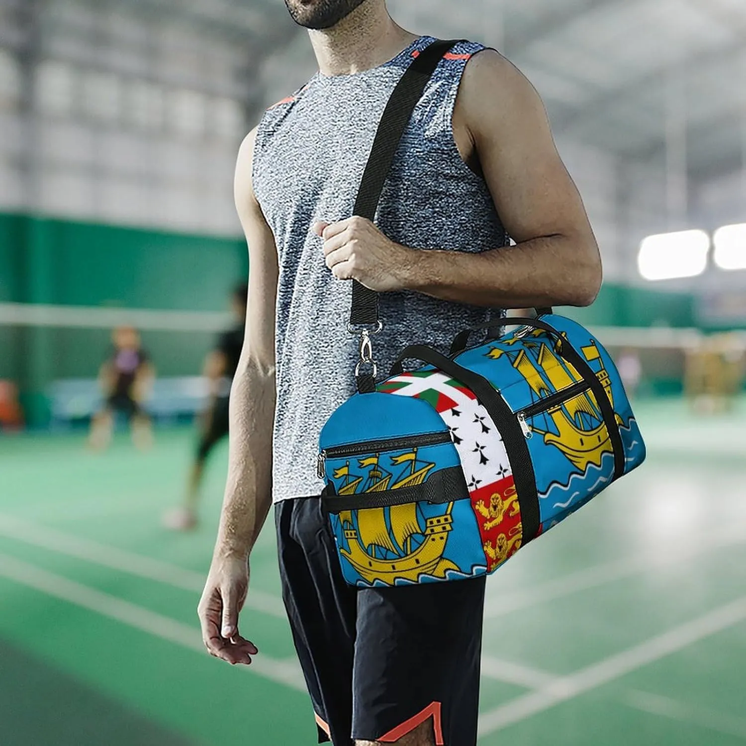Saint Pierre Miquelon Flag Sports Duffle Bag for Boys Girls with Shoe Compartment Overnight