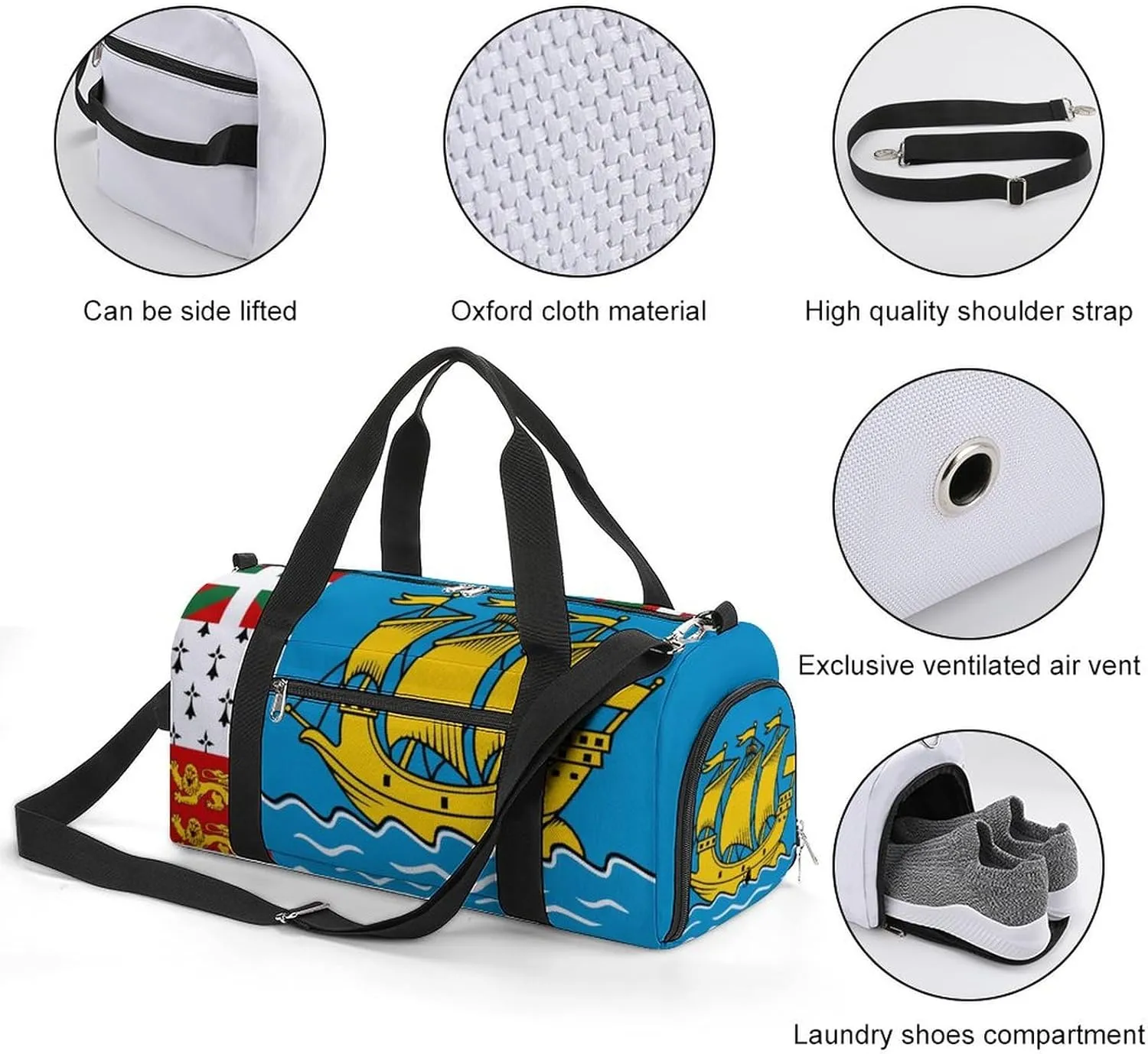 Saint Pierre Miquelon Flag Sports Duffle Bag for Boys Girls with Shoe Compartment Overnight