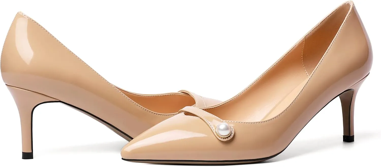 SAMMITOP Women's Pointed Toe Mid Heels for Women Sexy Slip on Pumps Strap Closed Toe Heel with Pearl Wedding Party Dress Shoes