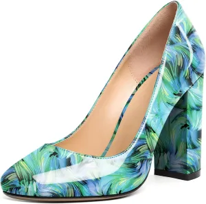 SAMMITOP Women's Round Toe Block Heel Pumps Slip On Chunky Patent High Heels Classic Wedding Dress Shoes for Party Events 4 Inches