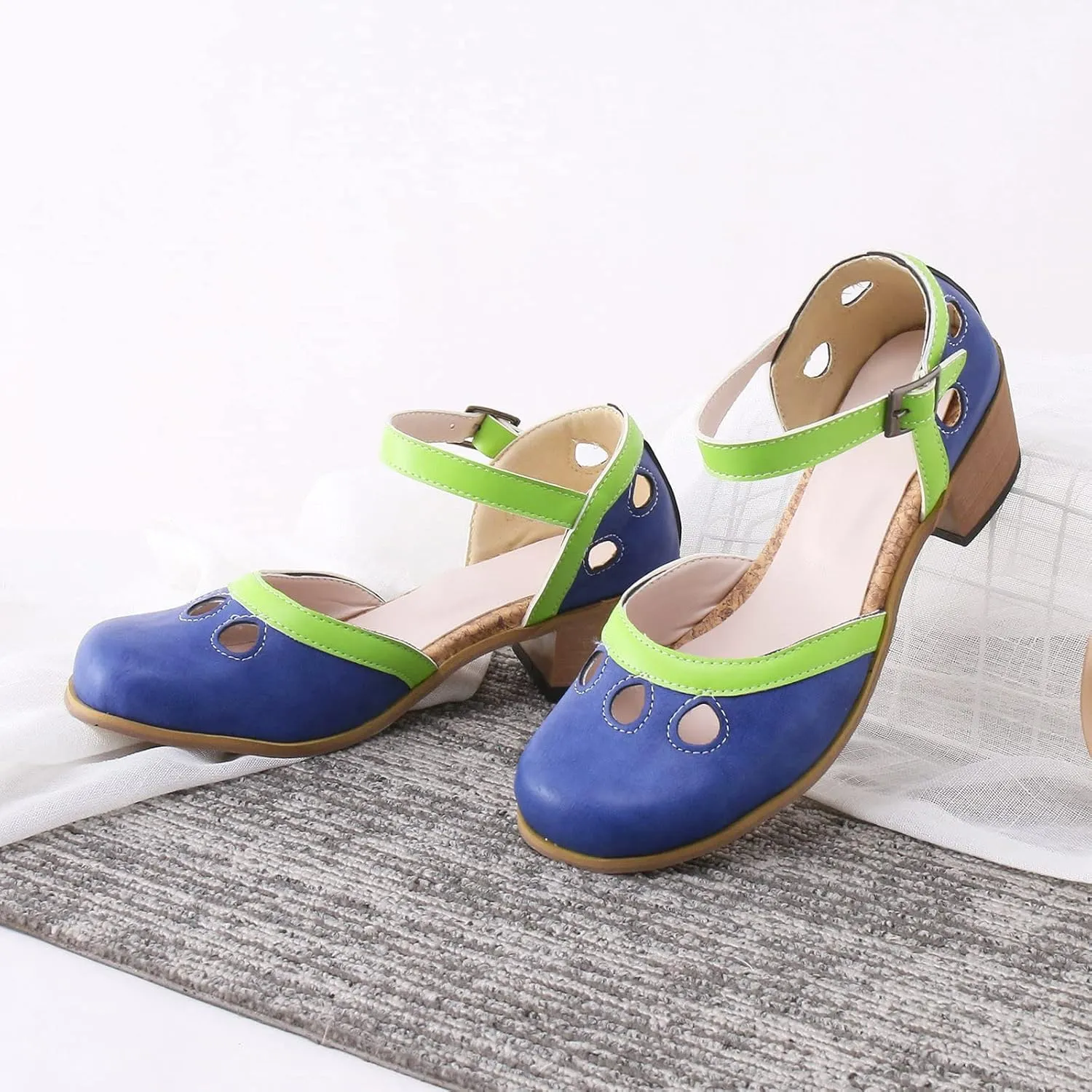 Sandals Shoes for Women Sexy Spring and Summer 2023 New European and American Foreign Trade Style Large Color Matching Buckle Casual Single Shoe Sandals (Blue, 7.5)