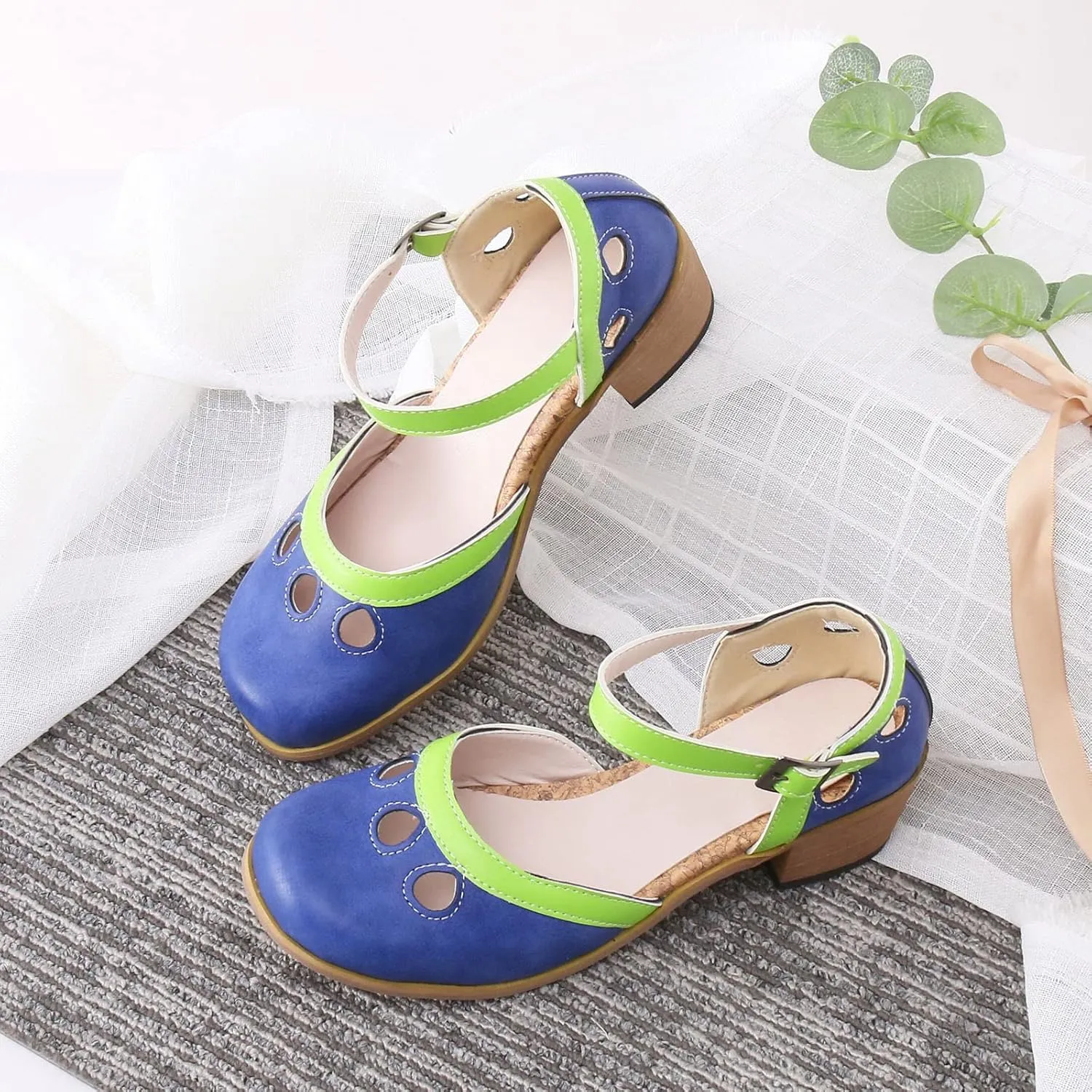 Sandals Shoes for Women Sexy Spring and Summer 2023 New European and American Foreign Trade Style Large Color Matching Buckle Casual Single Shoe Sandals (Blue, 7.5)
