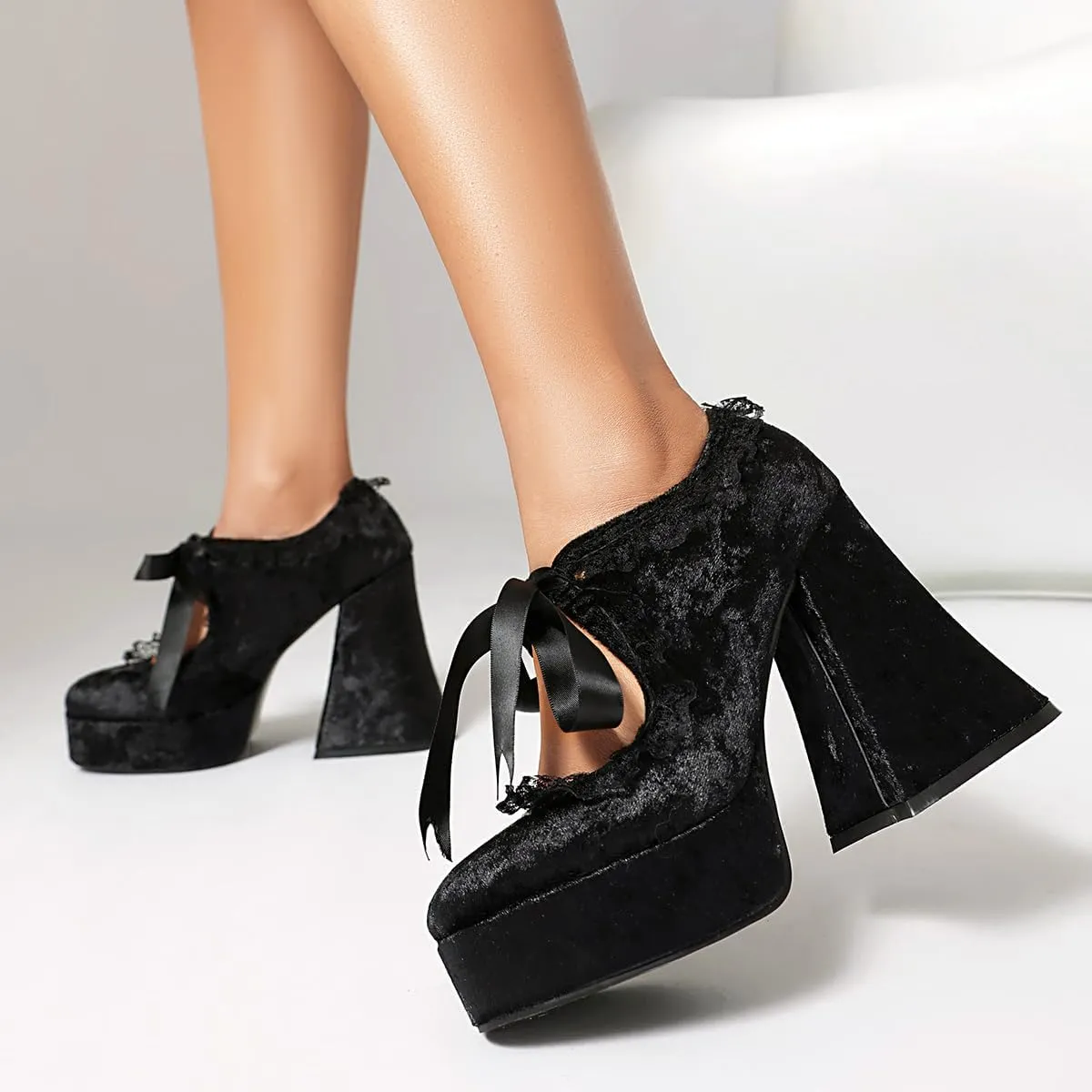 SEIFIN Women's Platform Goth Mary Jane Pumps Chunky High Gothic Heels Round Toe Lace Flower Bowknot Dress Punk Fashion Costume Party Y2K Vintage Sweet Platform High Heels Shoes