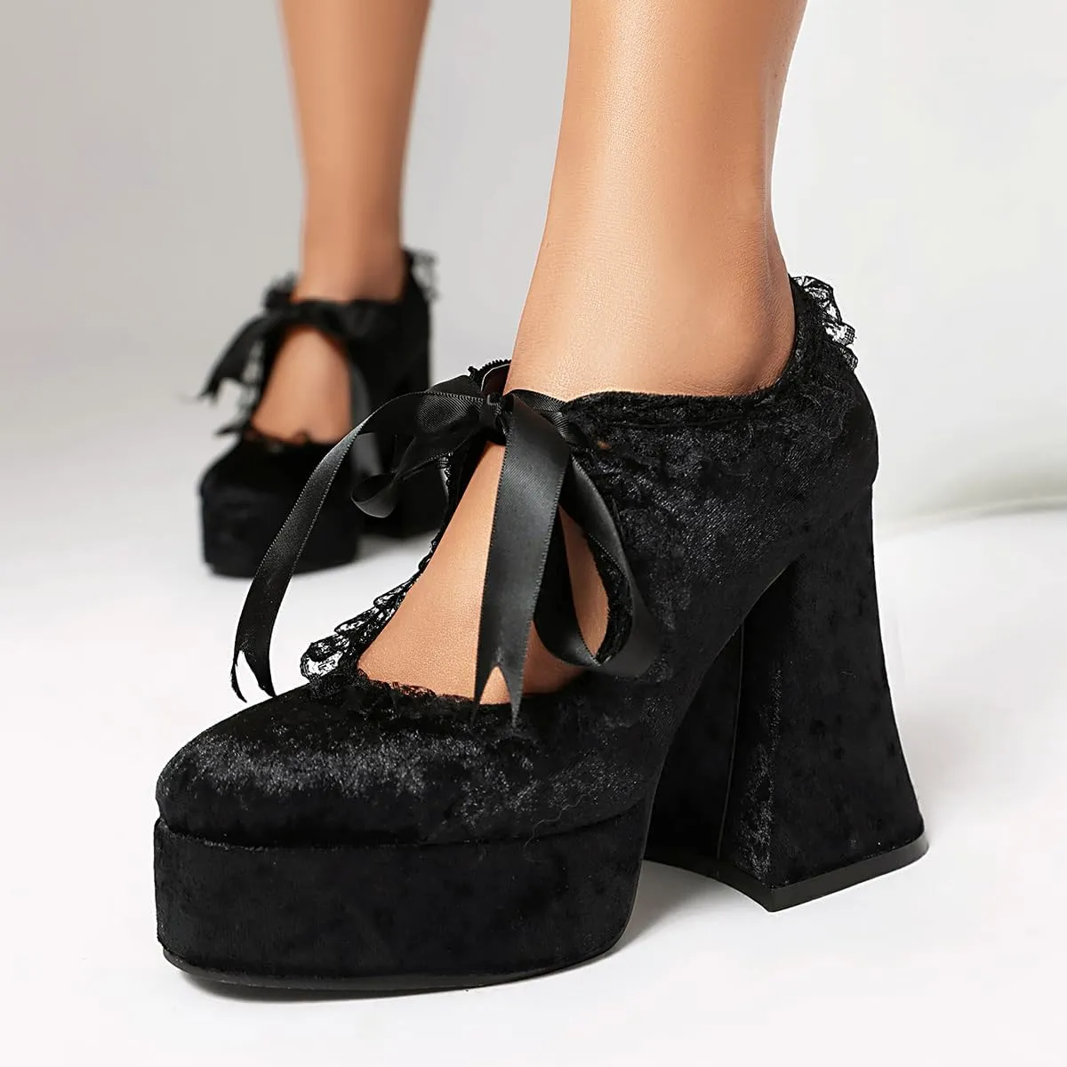 SEIFIN Women's Platform Goth Mary Jane Pumps Chunky High Gothic Heels Round Toe Lace Flower Bowknot Dress Punk Fashion Costume Party Y2K Vintage Sweet Platform High Heels Shoes