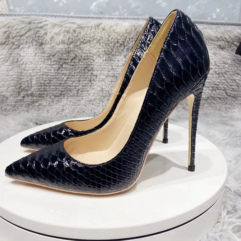 Sexy Women's Black snake pattern high heels evening dress shoes
