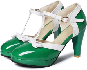 SHEMEE Women's Block High Heels T-Strap Mary Jane Pumps Chunky Platform Ankle Strap Round Toe Cute Bow Kawaii Cosplay Shoes
