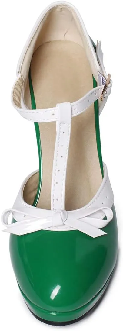 SHEMEE Women's Block High Heels T-Strap Mary Jane Pumps Chunky Platform Ankle Strap Round Toe Cute Bow Kawaii Cosplay Shoes