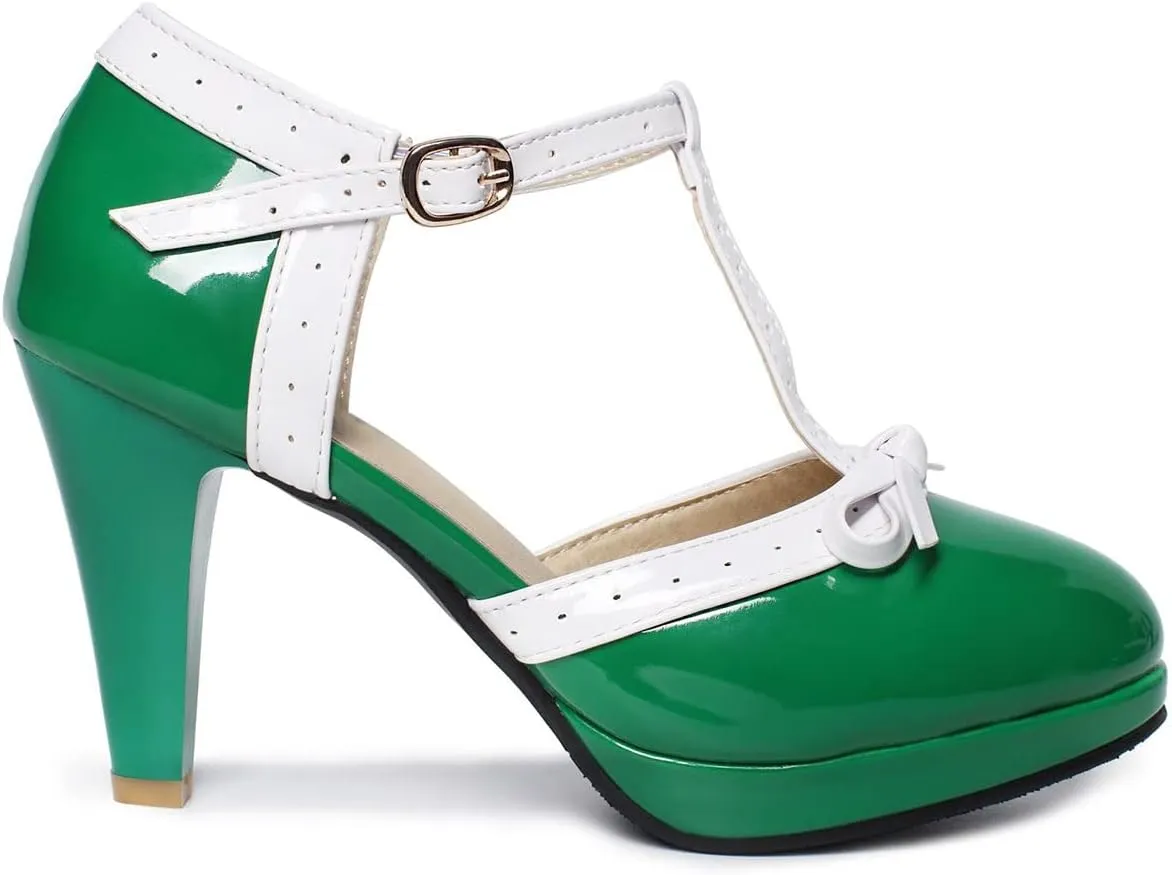 SHEMEE Women's Block High Heels T-Strap Mary Jane Pumps Chunky Platform Ankle Strap Round Toe Cute Bow Kawaii Cosplay Shoes