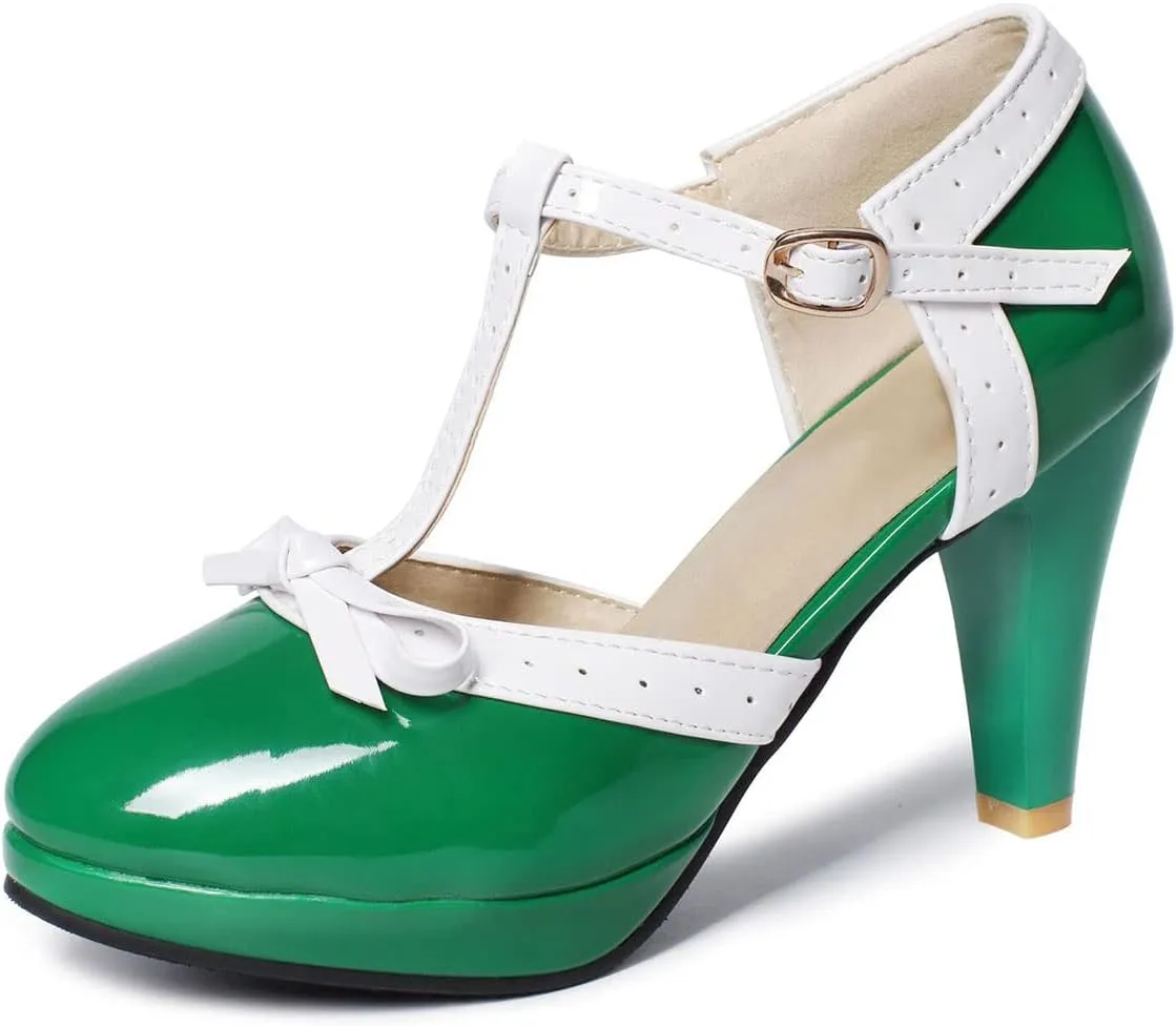 SHEMEE Women's Block High Heels T-Strap Mary Jane Pumps Chunky Platform Ankle Strap Round Toe Cute Bow Kawaii Cosplay Shoes