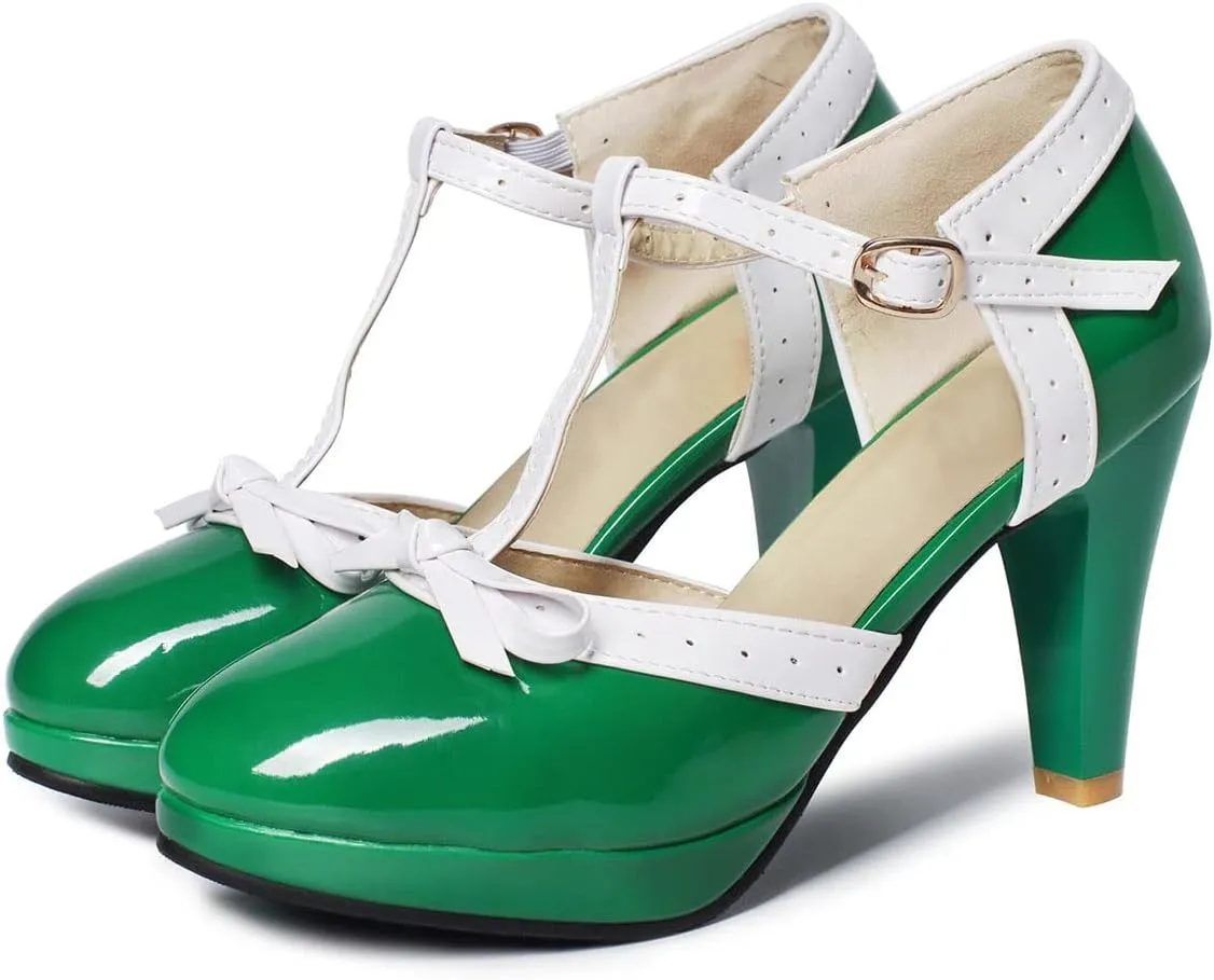 SHEMEE Women's Block High Heels T-Strap Mary Jane Pumps Chunky Platform Ankle Strap Round Toe Cute Bow Kawaii Cosplay Shoes