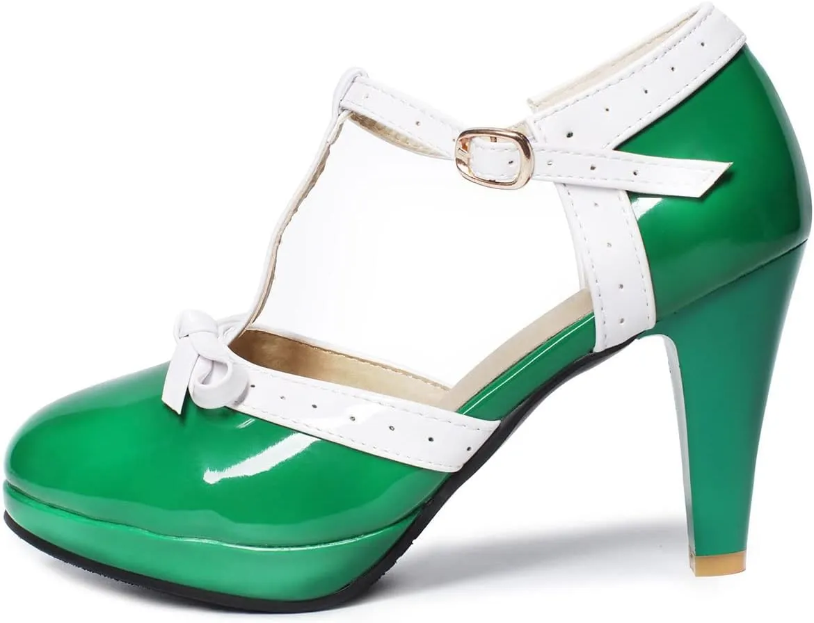 SHEMEE Women's Block High Heels T-Strap Mary Jane Pumps Chunky Platform Ankle Strap Round Toe Cute Bow Kawaii Cosplay Shoes