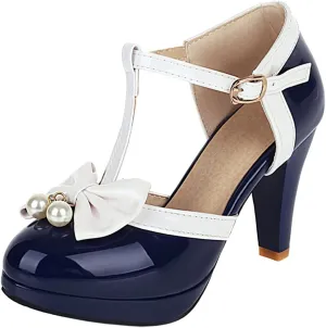 SHEMEE Women's Patent Leather T-Strap Mary Jane Pumps Chunky High Heel Platform Ankle Strap Buckle Round Toe Cute Bow Kawaii Cosplay Shoes