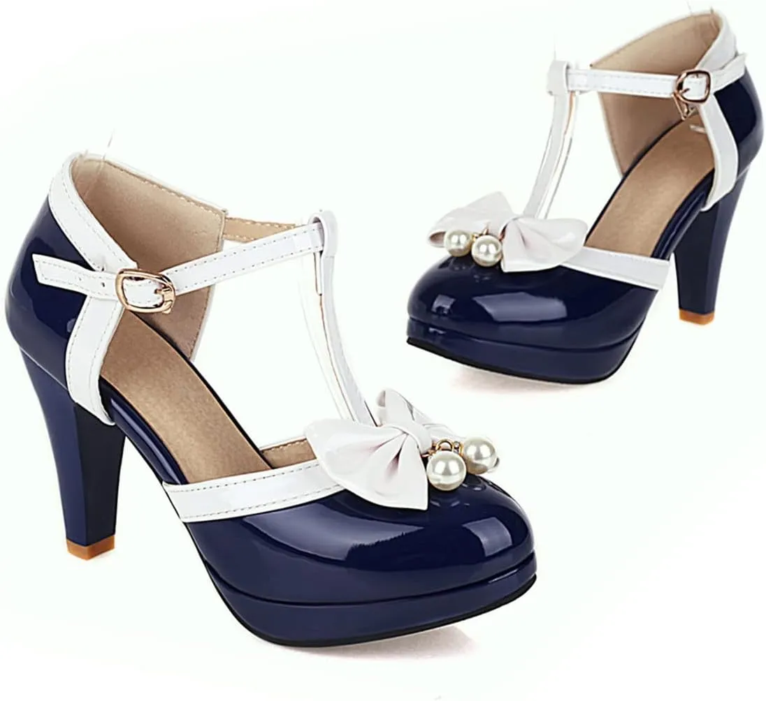 SHEMEE Women's Patent Leather T-Strap Mary Jane Pumps Chunky High Heel Platform Ankle Strap Buckle Round Toe Cute Bow Kawaii Cosplay Shoes