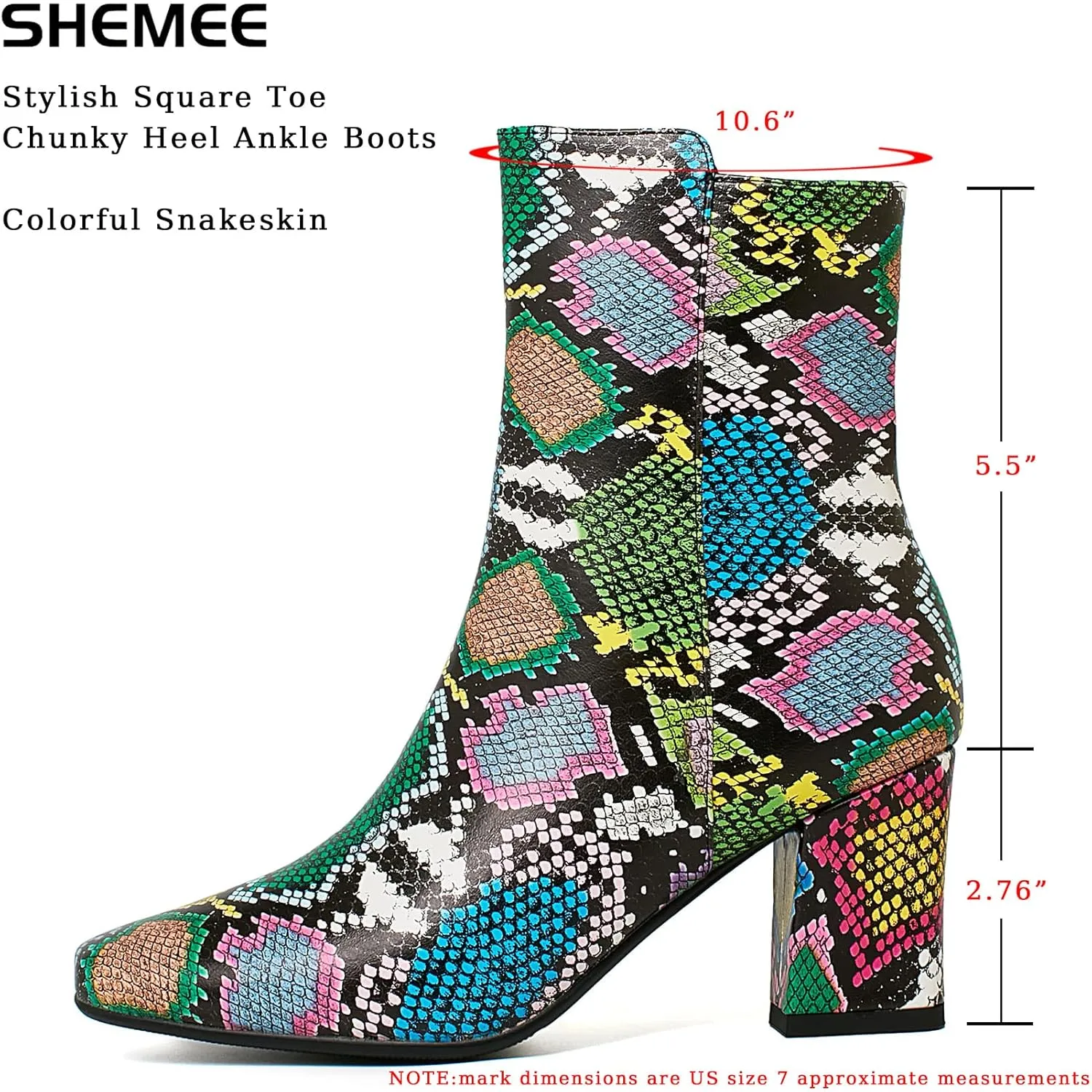 SHEMEE Women's Square Toe Block Heels Booties Chunky High Heeled Side Zipper Ankle Boots Shoes