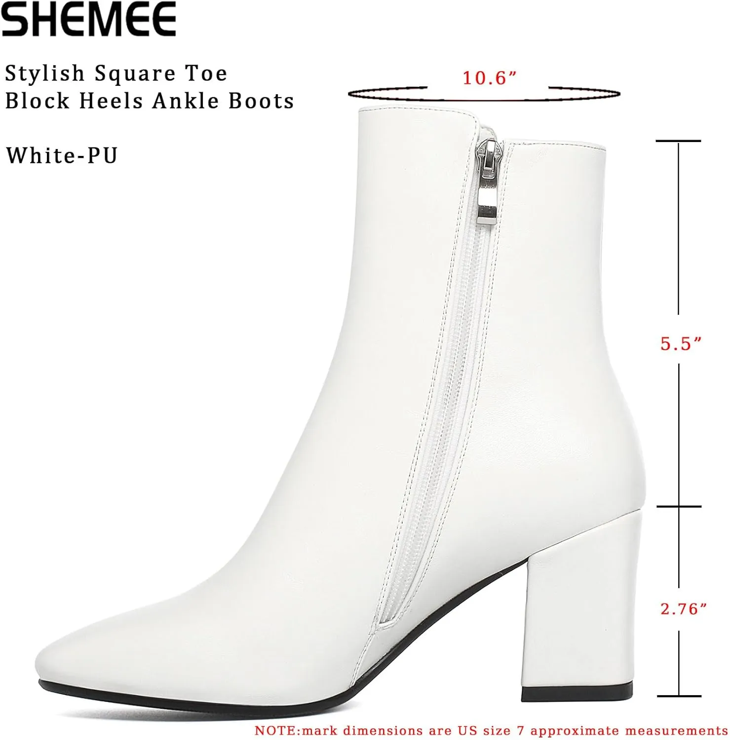 SHEMEE Women's Square Toe Block Heels Booties Chunky High Heeled Side Zipper Ankle Boots Shoes