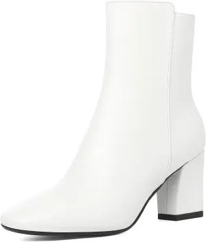 SHEMEE Women's Square Toe Block Heels Booties Chunky High Heeled Side Zipper Ankle Boots Shoes