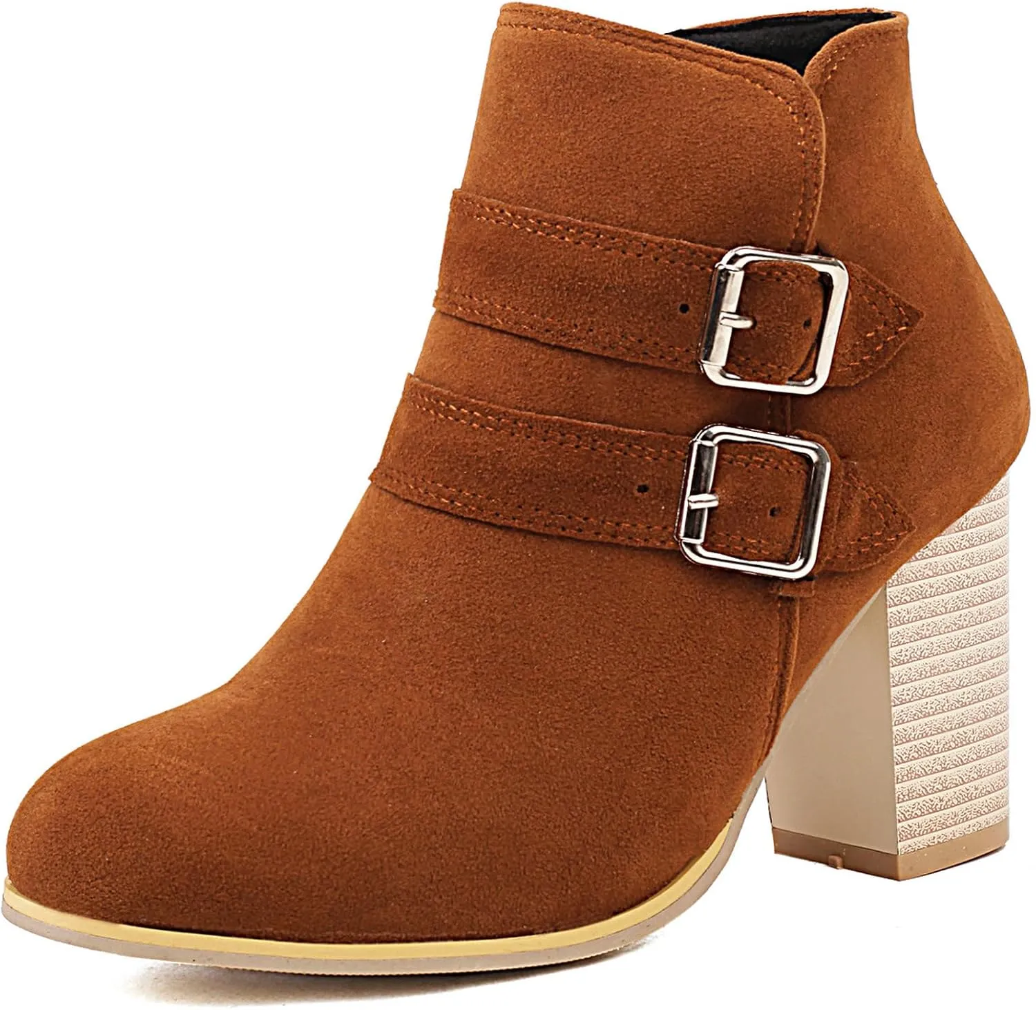 Shinelly Womems Chunky Block Heel Ankle Boots Fashion Double Bukle High Heel Side Zipper Wide Booties