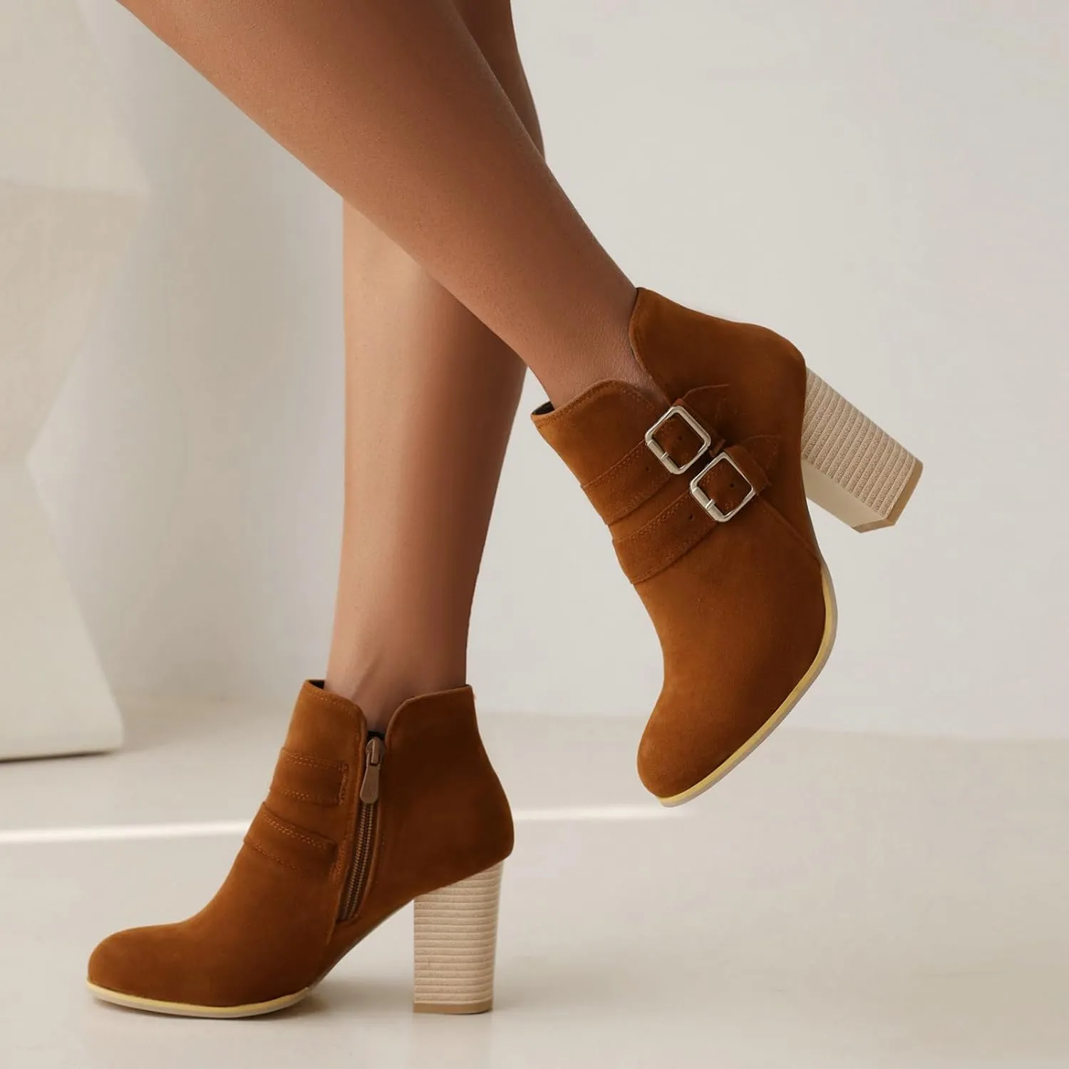 Shinelly Womems Chunky Block Heel Ankle Boots Fashion Double Bukle High Heel Side Zipper Wide Booties
