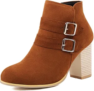 Shinelly Womems Chunky Block Heel Ankle Boots Fashion Double Bukle High Heel Side Zipper Wide Booties