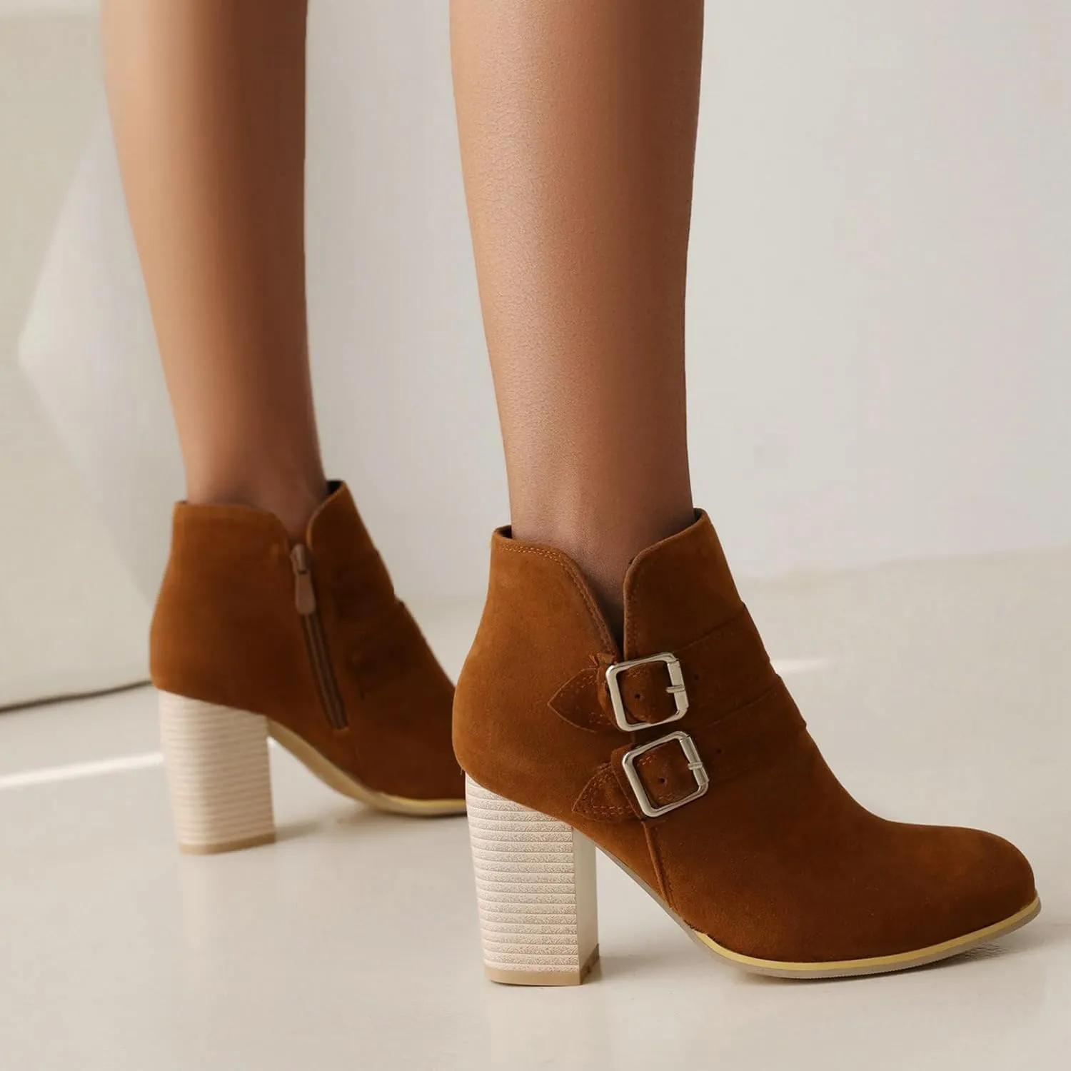 Shinelly Womems Chunky Block Heel Ankle Boots Fashion Double Bukle High Heel Side Zipper Wide Booties