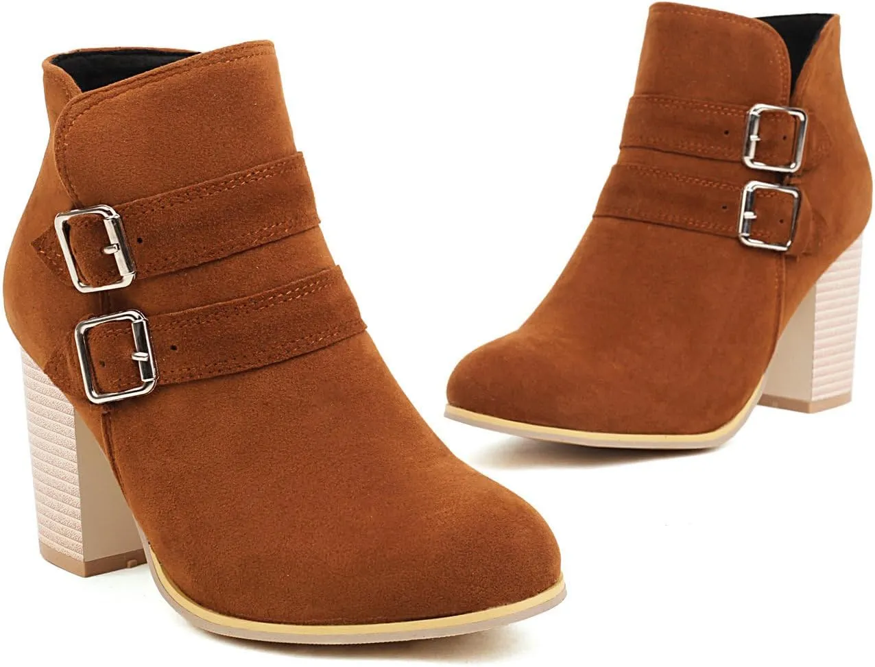 Shinelly Womems Chunky Block Heel Ankle Boots Fashion Double Bukle High Heel Side Zipper Wide Booties