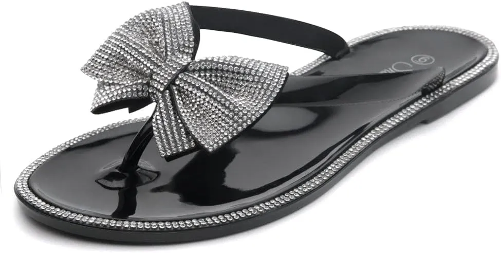 Shoe Land Summer Women's Flat Sandals Jelly Flip Flops Rhinestone Bowtie Thong Sandal Strappy Slip On Slides for Daily Beach Pool