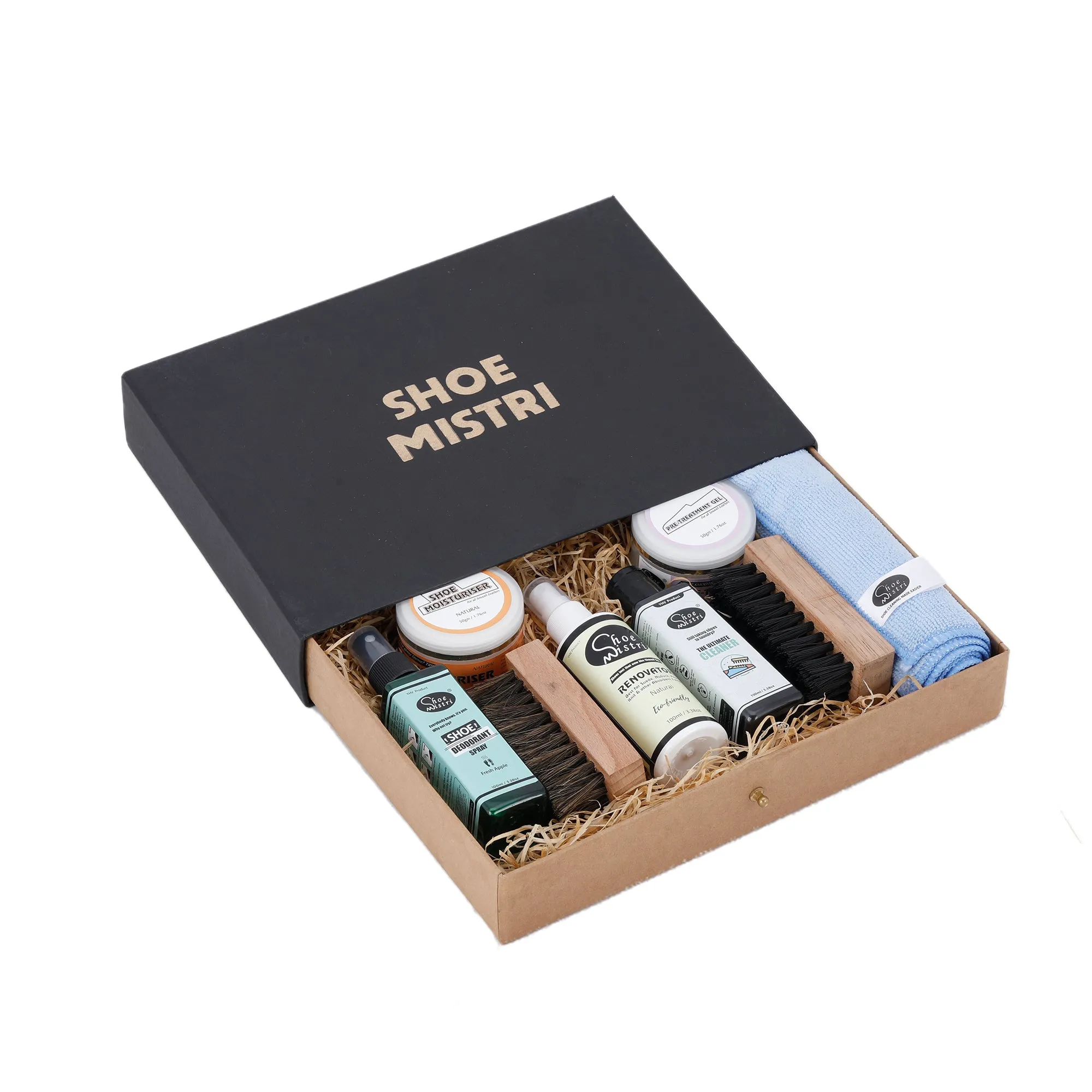 Shoe Mistri Universal Shoe Care Kit Drawer | Pack of Cleaner, Renovator, Leather Moisturiser, Shoe Deodorant, Horse Hair & Nylon Shoe Brush with Microfiber Towel