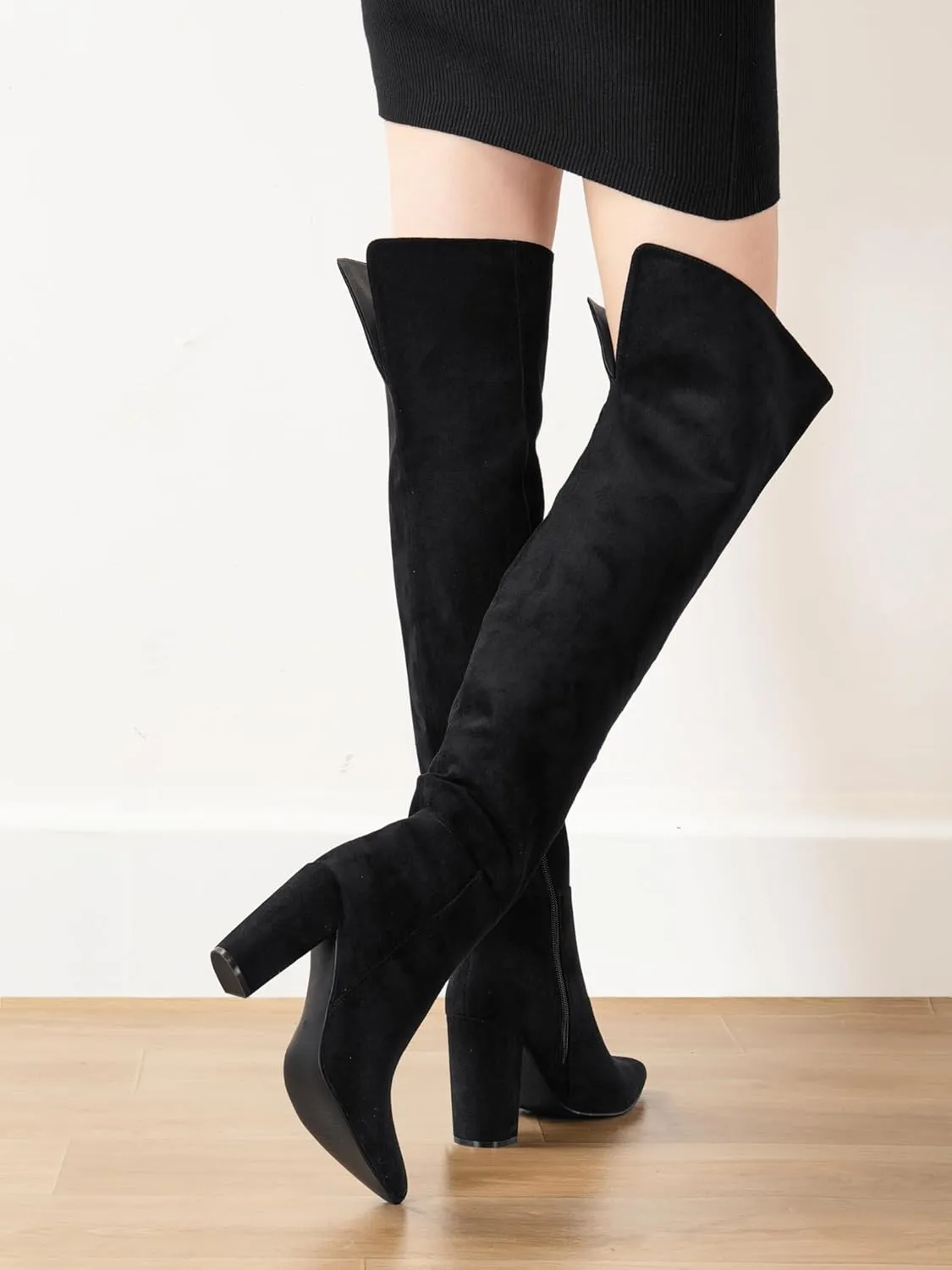 Shoe'N Tale Thigh High Over The Knee Boots for Women Block Chunky Heel Suede Long Pointed Toe Boots