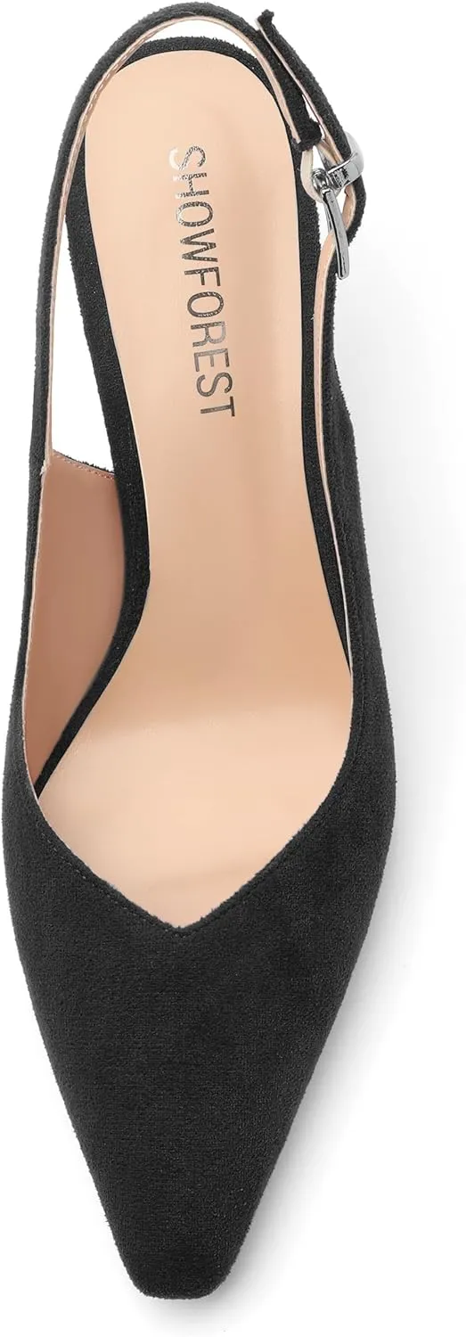 SHOWFOREST Slingback Heels for Women Stiletto Heel Closed Square Toe Suede 2.5 Inch Pumps with Buckle Comfortable Office Evening Party Dress Shoes