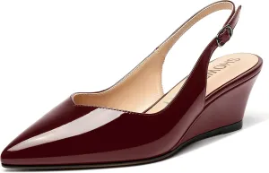 SHOWFOREST Women's Dating Adjustable Strap Buckle Solid Fashion Patent Pointed Toe Wedge Low Heel Pumps Shoes 2 Inch