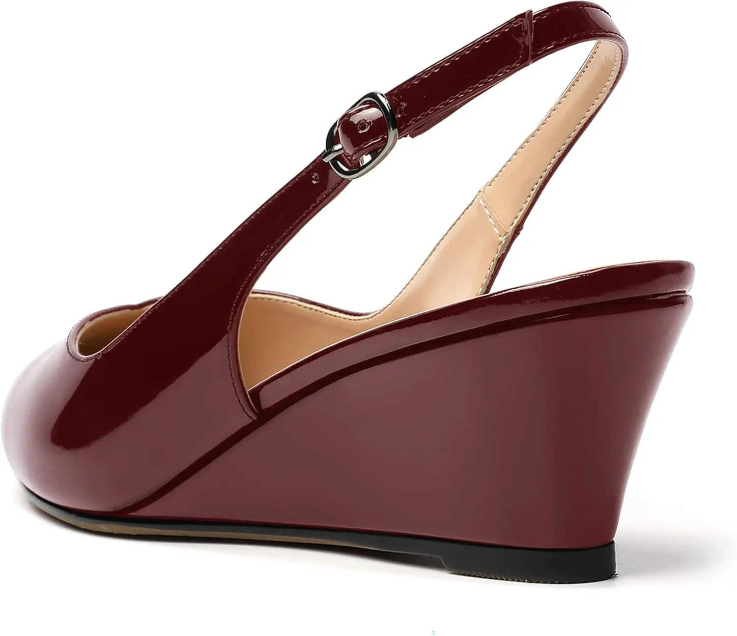 SHOWFOREST Women's Dating Adjustable Strap Buckle Solid Fashion Patent Pointed Toe Wedge Low Heel Pumps Shoes 2 Inch