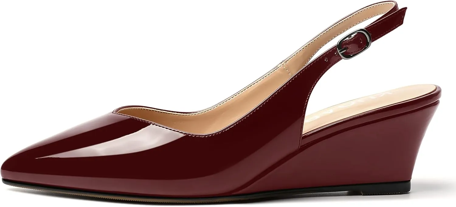 SHOWFOREST Women's Dating Adjustable Strap Buckle Solid Fashion Patent Pointed Toe Wedge Low Heel Pumps Shoes 2 Inch