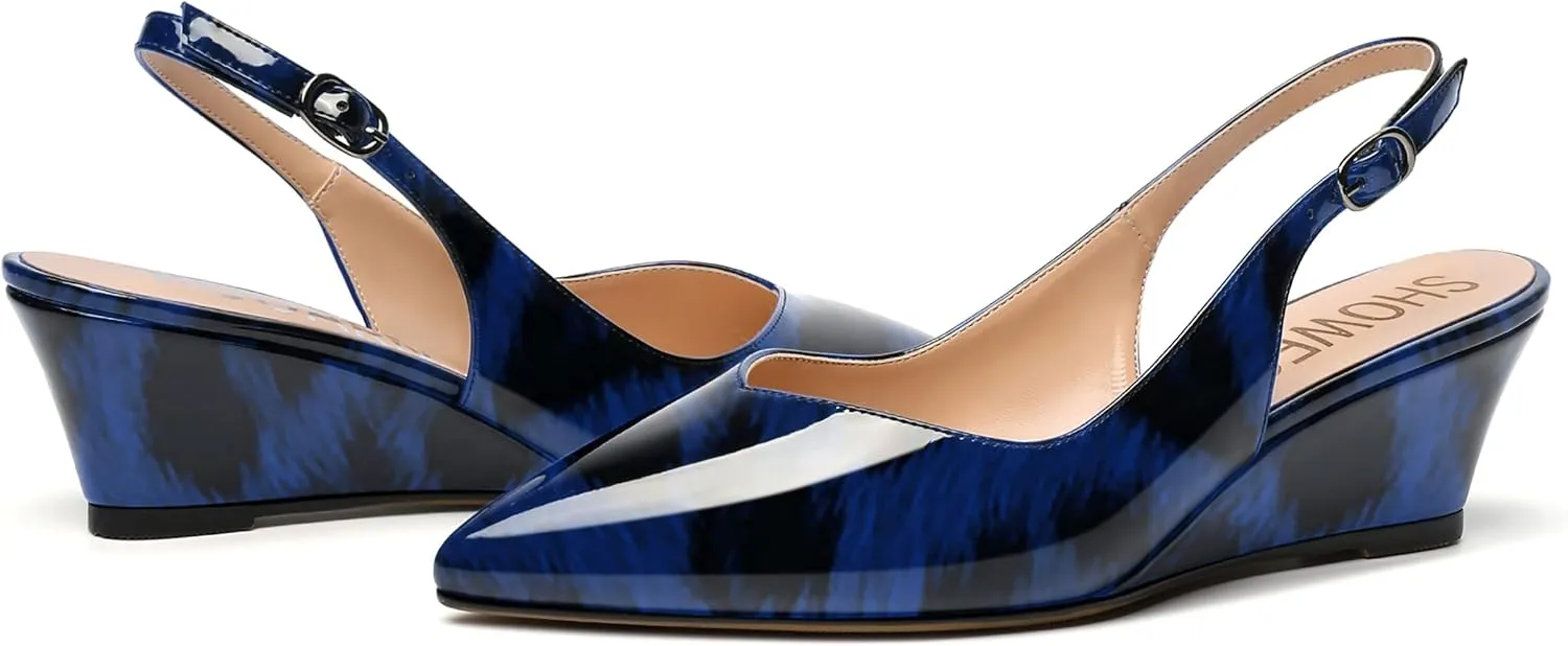 SHOWFOREST Women's Dating Adjustable Strap Buckle Solid Fashion Patent Pointed Toe Wedge Low Heel Pumps Shoes 2 Inch
