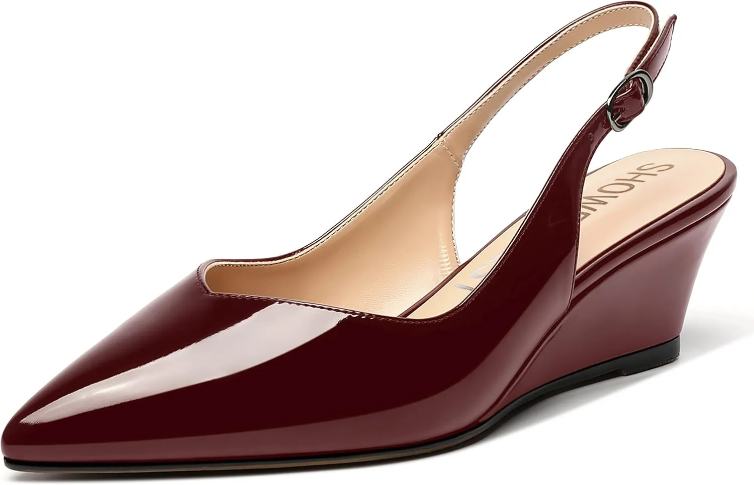 SHOWFOREST Women's Dating Adjustable Strap Buckle Solid Fashion Patent Pointed Toe Wedge Low Heel Pumps Shoes 2 Inch