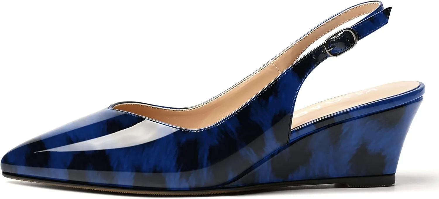 SHOWFOREST Women's Dating Adjustable Strap Buckle Solid Fashion Patent Pointed Toe Wedge Low Heel Pumps Shoes 2 Inch