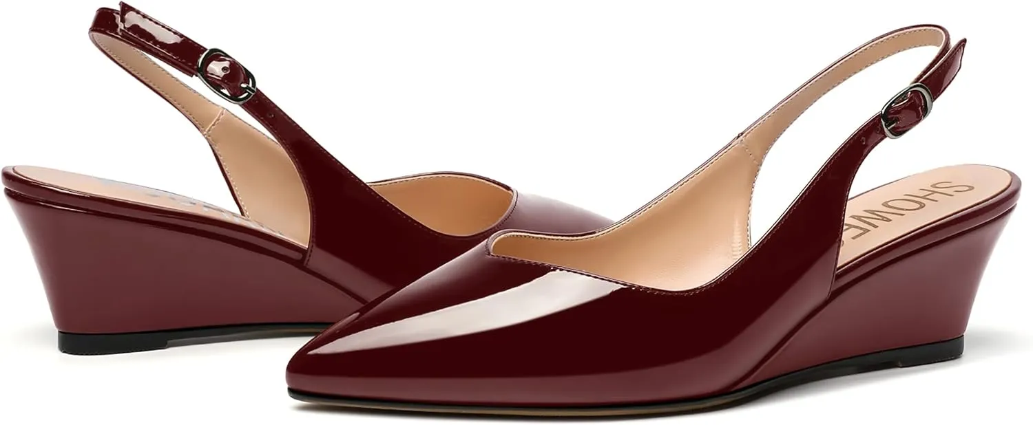 SHOWFOREST Women's Dating Adjustable Strap Buckle Solid Fashion Patent Pointed Toe Wedge Low Heel Pumps Shoes 2 Inch