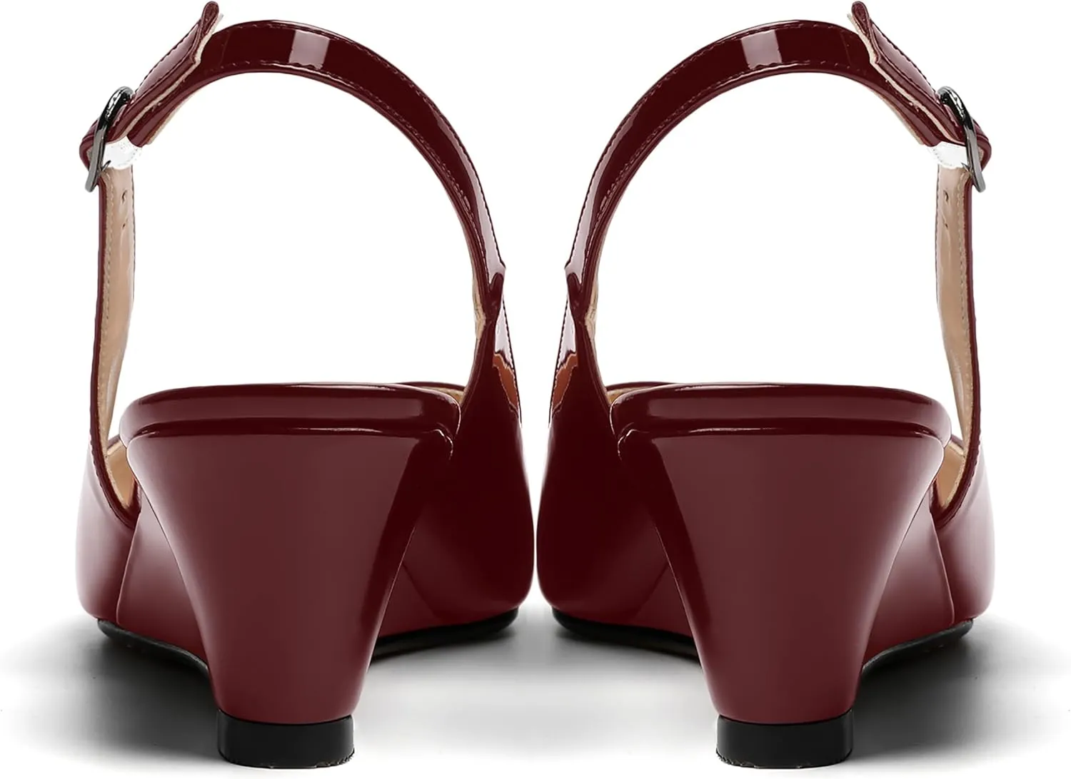 SHOWFOREST Women's Dating Adjustable Strap Buckle Solid Fashion Patent Pointed Toe Wedge Low Heel Pumps Shoes 2 Inch
