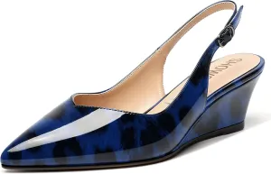 SHOWFOREST Women's Dating Adjustable Strap Buckle Solid Fashion Patent Pointed Toe Wedge Low Heel Pumps Shoes 2 Inch