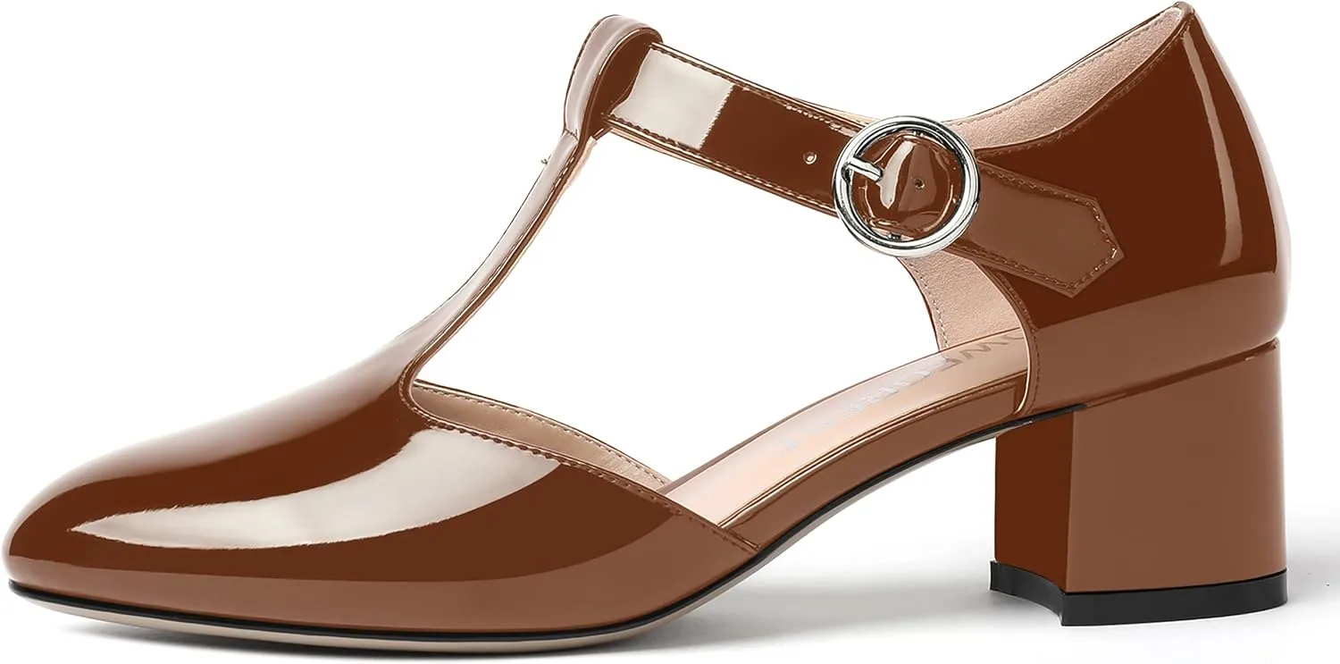 SHOWFOREST Women's Evening T Strap Patent Round Toe Chunky Low Heel Pumps Office Work Dress Shoes 2 Inch