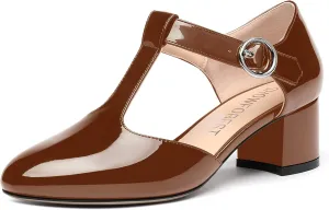 SHOWFOREST Women's Evening T Strap Patent Round Toe Chunky Low Heel Pumps Office Work Dress Shoes 2 Inch