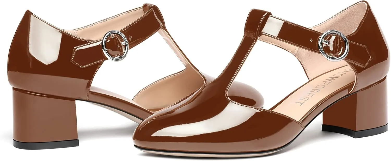 SHOWFOREST Women's Evening T Strap Patent Round Toe Chunky Low Heel Pumps Office Work Dress Shoes 2 Inch