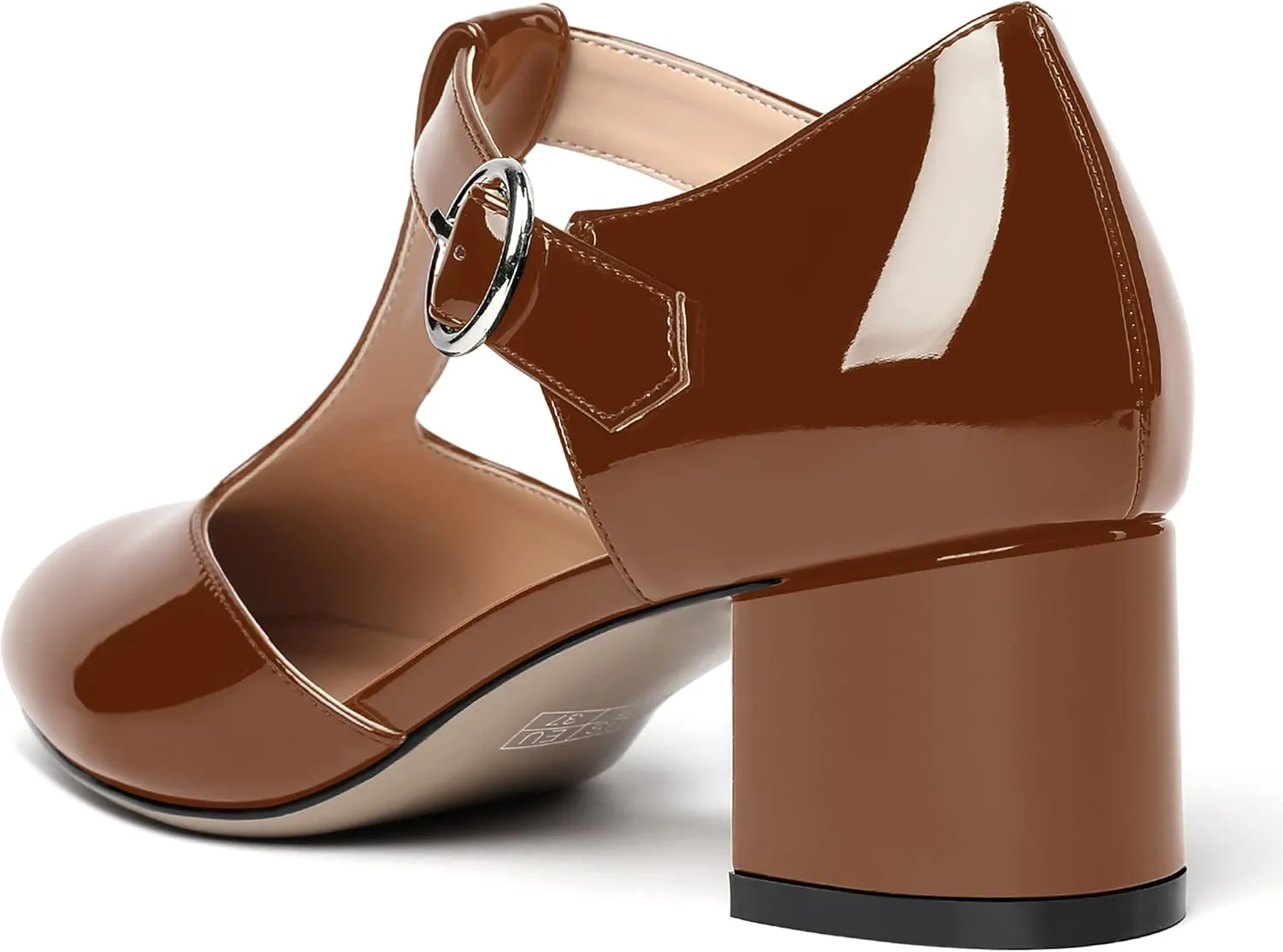 SHOWFOREST Women's Evening T Strap Patent Round Toe Chunky Low Heel Pumps Office Work Dress Shoes 2 Inch