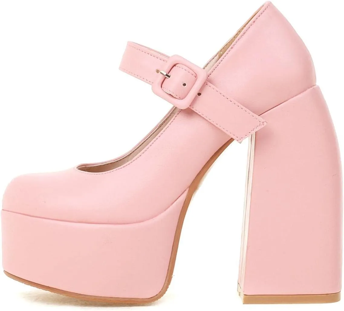 SIFINELAR Womens Platform Chunky Heel Mary Janes Ankle Strap Buckle Round Toe Lolita Heels Uniform Dress Pumps Shoes