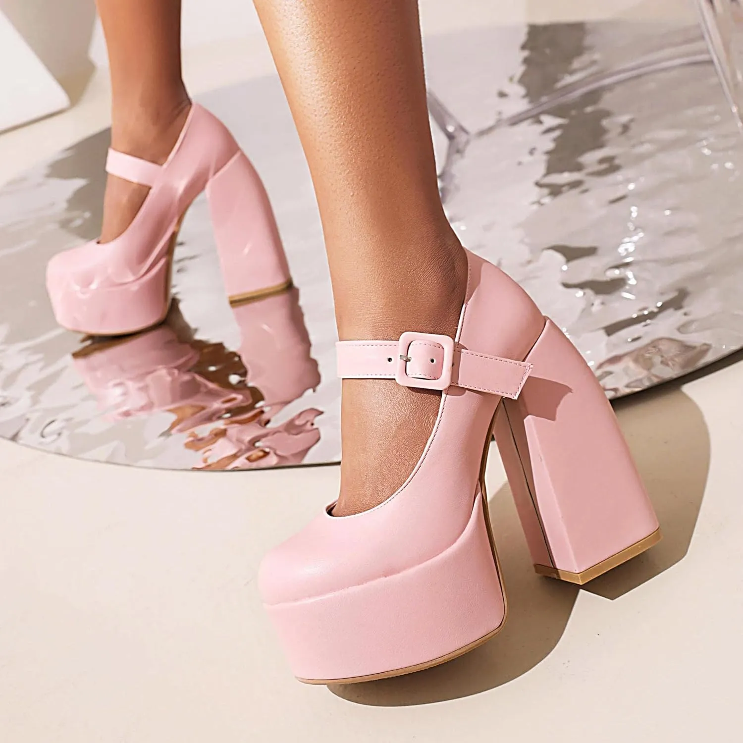 SIFINELAR Womens Platform Chunky Heel Mary Janes Ankle Strap Buckle Round Toe Lolita Heels Uniform Dress Pumps Shoes