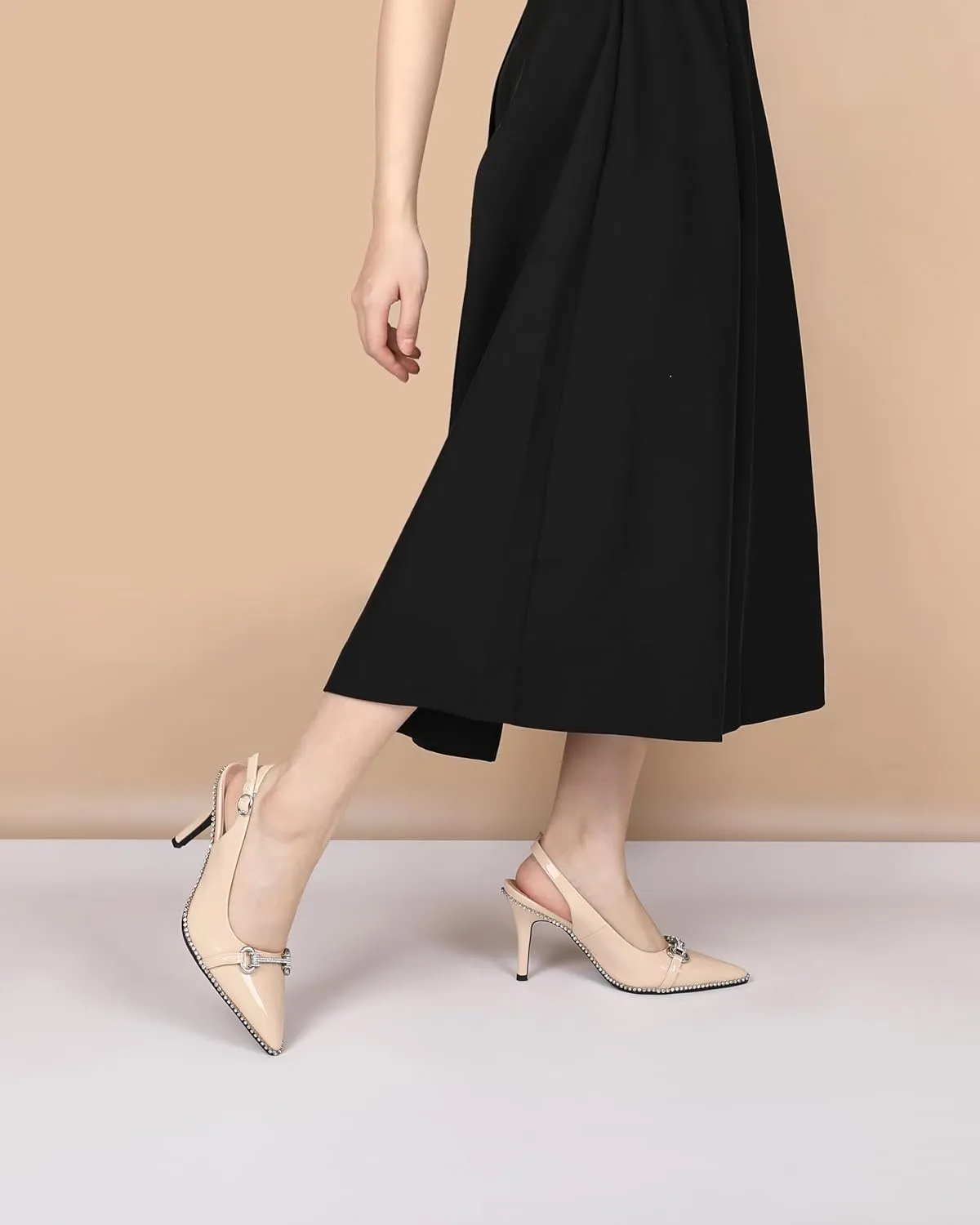 Slingback Heels for Women Stilettos High Heel Crystal-Encrusted Buckled Heels Pointd Toe Pumps 3.5 Inch Comfortable Event Party Dress Shoes