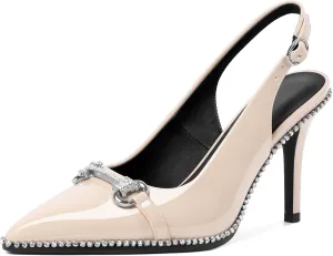 Slingback Heels for Women Stilettos High Heel Crystal-Encrusted Buckled Heels Pointd Toe Pumps 3.5 Inch Comfortable Event Party Dress Shoes