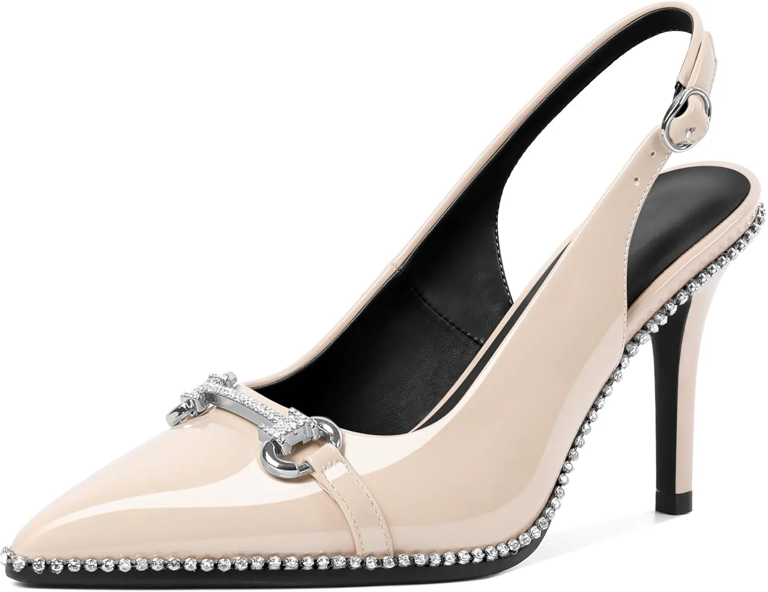 Slingback Heels for Women Stilettos High Heel Crystal-Encrusted Buckled Heels Pointd Toe Pumps 3.5 Inch Comfortable Event Party Dress Shoes