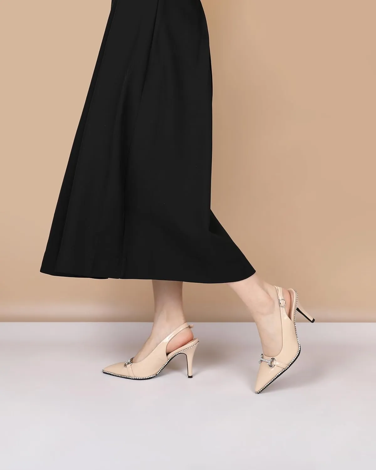 Slingback Heels for Women Stilettos High Heel Crystal-Encrusted Buckled Heels Pointd Toe Pumps 3.5 Inch Comfortable Event Party Dress Shoes